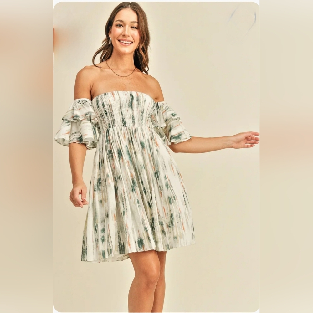 NWT Reset By Jane Off The Shoulder Ruffle Sleeve Smocked Mini Dress